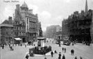 View: s15573 Fargate from Town Hall Square, showing Queen Victoria Monument and Bank Chambers, left, Albany Hotel and Yorkshire Penny Bank, right