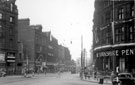 View: s15580 Fargate, Albany Hotel and Yorkshire Penny Bank, right, premises (on left) include Winchester House and No. 40 Davy's Building, Victoria Cafe and Arthur Davy and Sons Ltd., provision merchants