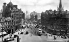 View: s15587 Elevated view of Fargate and Town Hall Square including (right), No. 68 Loxley Brothers Ltd., printers, No 66, Fleur de Lis public house, (Bovril sign) and Bank Chambers, Yorkshire Penny Bank and Albany Hotel, right