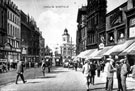 View: s15613 Fargate looking towards High Street and Kemsley House, Telegraph and Star offices, shops include Nos. 41/43 J.B. Eaton Ltd., drapers and Marsh Brothers (Electricians) Ltd., No. 37 H.E. Closs and Co. Ltd., silk merchants