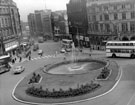 View: s15649 Town Hall Square looking towards Fargate, Bank Chambers, left, Goodwin Fountain, centre, Yorkshire Bank and Carmel House, right