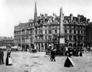 View: s15657 Town Hall Square looking towards Fargate including Y.M.C.A., Carmel House, Yorkshire Penny Bank and Albany Hotel, Jubilee Monolith in foreground