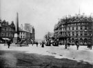View: s15658 Town Hall Square looking towards Fargate including Yorkshire Penny Bank and Albany Hotel on right, Jubilee Monolith, left