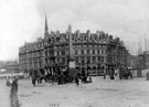 View: s15661 Town Hall Square and Jubilee Monolith, Fargate including Albany Hotel, Yorkshire Penny Bank and Carmel House, Surrey Street (including Montgomery Hall) and Town Hall under construction on right