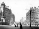 View: s15662 Town Hall Square looking towards Fargate, Queen Victoria Statue and Bank Chambers, left, Albany Hotel and Yorkshire Penny Bank, right