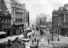 Elevated view of Fargate, Queen Victoria Statue, foreground, No 66, Fleur de Lis public house and Bank Chambers, left, Carmel House, right