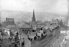 Elevated view of Fargate looking towards Church Street and Cathedral SS Peter and Paul, rear of Cutlers Hall behind Green Dragon Hotel, Gladstone Buildings, left in distance