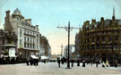 View: s15726 Fargate and Town Hall Square, Queen Victoria Monument and Bank Chambers, left, Albany Hotel and Yorkshire Penny Bank, right