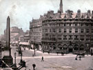 View: s15727 Fargate and Town Hall Square, Jubilee Monolith, left, Albany Hotel, Yorkshire Penny Bank and Carmel House, right