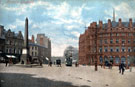 View: s15729 Fargate and Town Hall Square, 1895-1915, Jubilee Monolith, left, Albany Hotel and Yorkshire Penny Bank, right