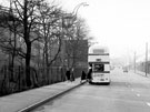 Sheffield Transport bus No. 445 picking up passengers at the stop after the Library, Firth Park Road heading towards Sheffield
