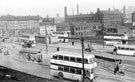 View: s15861 Pond Street bus station looking towards Pond Hill including Lyceum public house, Sheffield United Tours, Joseph Rodgers and Sons Ltd., cutlery manufacturers and Ponds Forge