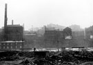 View: s15873 Pond Street bus station looking towards City Centre, includes derelict Pond Street Brewery, left, with chimney, houses in front of brewery include Court 24, Derelict space in centre are remains of Courts 18, 20 and 22 and Stevenson's Buildings