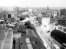 View: s15888 Elevated view of Pond Street looking towards Flat Street, Pond Street Bus Station, right in foreground, roofs of College of Technology, left in foreground, General Post Office and Garages, centre