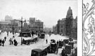 View: s16019 Fitzalan Square, 1895-1915, cab stand, foreground, Market Street, left, Fitzalan Market Hall, High Street and Omnibus Waiting Rooms, centre