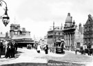 View: s16050 Fitzalan Square, omnibus waiting rooms, left, General Post Office (Haymarket), Birmingham District and Counties Banking Co. Ltd., Wonderland entertainment booth and Bell Hotel, right