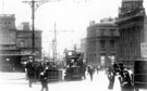 View: s16052 Fitzalan Square looking towards Haymarket, omnibus waiting rooms and Fitzalan Market Hall, left, Tram No. 75, centre, General Post Office (Haymarket) and Birmingham District and Counties Banking Co. Ltd., right