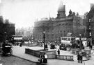 Fitzalan Square, High Street and Haymarket, left, General Post Office (Haymarket), centre, Birmingham District and Counties Banking Co. Ltd. and Bell Hotel, right