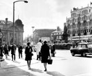View: s16067 Fitzalan Square, King Edward VII Statue, foreground, General Post Office, left, The White Building, John Smith's Tadcaster Brewery Co. Ltd., Offices, and Odeon Cinema in background
