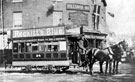View: s16303 Horse drawn open top double-deck tram No. 24 at Holme Lane, Hillsborough Corner with the Hillsborough Inn (licensee Henry Wilkinson) behind