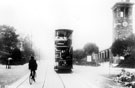 Tram No. 107 on its way to Woodseats, outside Firth Park clock tower pavilion, Firth Park Road. In service 1900-1952, top covered in 1909