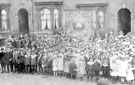 Darnall Congregational Sunday School with banner assembled prior to Whit Walk on Owlergreave Road (now Prince of Wales Road