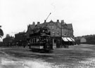 View: s16778 Tram No. 229 at Hunters Bar (looking down Ecclesall Road), Endcliffe Methodist Church (spire) under construction