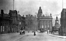 View: s17203 High Street looking towards Commercial Street and Canada House (Gas Company offices), before trams, 1880-1890, Fitzalan Market Hall, left, Fitzalan Square and Omnibus waiting room, right, Birmingham District and Counties Banking Co. Ltd., centre