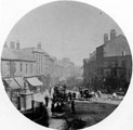 High Street, from the junction of Church Street and Fargate, Parish Church gates and Pawson and Brailsford (before Parade Chambers), left, William Foster and Son, tailors and White Bear Inn, right
