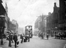 View: s17248 Tram No. 35 on High Street, shops on right include No. 24 John Harrison and Son, hosiers and hatters, No. 26 Grand Clothing Hall, clothiers, Nos. 30 - 32 Sheffield Cafe Co., Central Hotel and Cafe, dining rooms