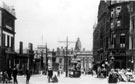 View: s17305 High Street looking towards Commercial Street, Fitzalan Market Hall, left, premises on right include Kings Head Hotel