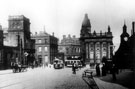 View: s17306 High Street, looking towards Commercial Street and Sheffield Gas Co. offices, omnibus waiting rooms and Birmingham District and Counties Banking Co. Ltd., right, Fitzalan Market Hall and General Post Office (Haymarket), left