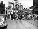 View: s17335 Shoppers crossing High Street, Boots Chemist, right, Telegraph and Star offices, Kemsley House, in background