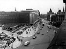 View: s17352 Elevated view of High Street, Change Alley, temporary shops and No. 50 John Walsh Ltd., department store, left, premises in background include Midland Bank and Kemsley House