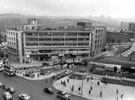 View: s17353 Elevated view of High Street (foreground) and Change Alley, temporary shops, right. Office block in centre includes Marples Hotel, No. 4 Fitzalan Square left