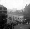 View: s17612 Elevated view of Leopold Street, Town Hall Square and Fargate, Nos. 66, 68 and 70, Leopold Street, A. Wilson Peck and Co. Ltd., music warehouse, left