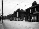 View: s17653 London Road looking towards junction with Thirlwell Road, No. 653 Red Lion Hotel, right, H. Ponsford Ltd., furniture store, on corner, Heeley and Amalgamated Cinemas Ltd. (former Heeley Electric Palace), in background