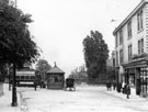 Machon Bank Road looking towards the cabmen's shelter and Nether Edge Tram Terminus, Nether Edge Road, Sheldon Road in background, Nether Edge Market, right