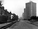 Terraced housing, Martin Street between Bond Street and Burlington Street awaiting demolition and new High Rise Martin Street Flats looking towards the Royal Infirmary