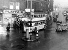 View: s18026 Traffic at The Moor and Ecclesall Road junction, No. 2 Ecclesall Road, Henry Playfair Ltd., shoe shop