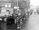 View: s18028 Traffic at The Moor and Ecclesall Road junction, premises include No. 2 Ecclesall Road, Henry Playfair Ltd., shoe shop, No. 206 The Moor, Yorkshire Bank Ltd., No. 210 S. Sawer, confectioners
