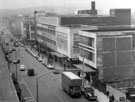 Elevated view of The Moor, premises include Nos. 28 - 30 Freeman, Hardy and Willis, boot and shoe dealers (corner of Rockingham Way), Roberts Brothers (Sheffield) Ltd., department store, Rockingham House