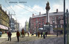 Moorhead looking towards Pinstone Street including Nelson Hotel, Public Benefit Boot Co. and Crimean Monument, right, T. and J. Roberts Ltd., general drapers, left (later became Roberts Brothers)
