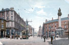 View: s18106 Moorhead, looking towards Pinstone Street, including Nelson Hotel and Crimean Monument, right, T. and J. Roberts Ltd., general drapers, left (later became Roberts Brothers)