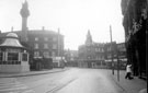 View: s18110 Moorhead showing Coronation decorations, looking towards Furnival Street, Union Street and Newton Chambers (Newton House), Grapes Hotel, right, Crimean Monument and Passenger Transport Enquiry Office, left