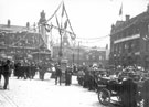 Royal visit of King Edward VII and Queen Alexandra, Moorhead, showing Crimean Monument, Newton Chambers, Newton House and Moorhead Brewery, right