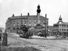 Heeley horse tram at Crimean Monument, Moorhead, Nelson Hotel and Public Benefit Boot Co., in background, Newly constructed Newton Chambers, Newton House, right