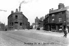 Junction of Harvest Lane/Pyebank (later Pitsmoor Road) from the junction with Mowbray Street/ Bridgehouses, showing the Hope and Anchor public house. (2 Mowbray Street) and H. Hayes, butcher, Bridgehouses