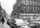 Norfolk Street at junction with Tudor Way, 1960-1965, showing former premises of Thomas Furniss (Sheffield) Ltd., wholesale and retail grocers (Nos.73-75)