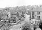 Elevated view of Nether Edge Road at junction with Sheldon Road, left and Machon Bank Road, right, Nether Edge Market, right including Nos. 1-3 R. Orme and Co. Ltd., grocers, No. 1 Nether Edge Road, L.S. and A. Payne, tobacconist and Post Office